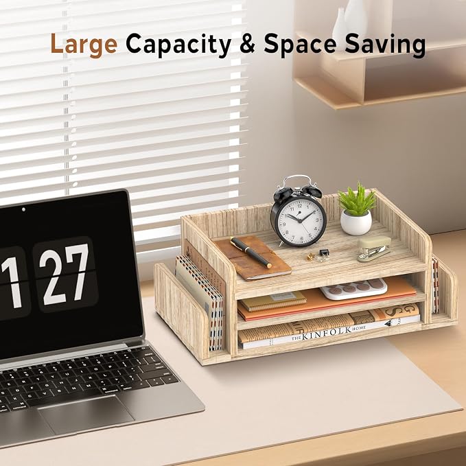 SUPEASY Wooden Desk Organizer, 3-Tier Letter Tray File Organizer with Dual Side Mail Sorter, Solid Wood Desktop Paper Organizer for Office, Home Office, Classroom (Natural Wood)
