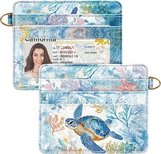 Slim Credit Card Holder Wallet RFID Blocking Minimalist Wallets Lightweight Thin Small Cute Card Case for Women, Turtle
