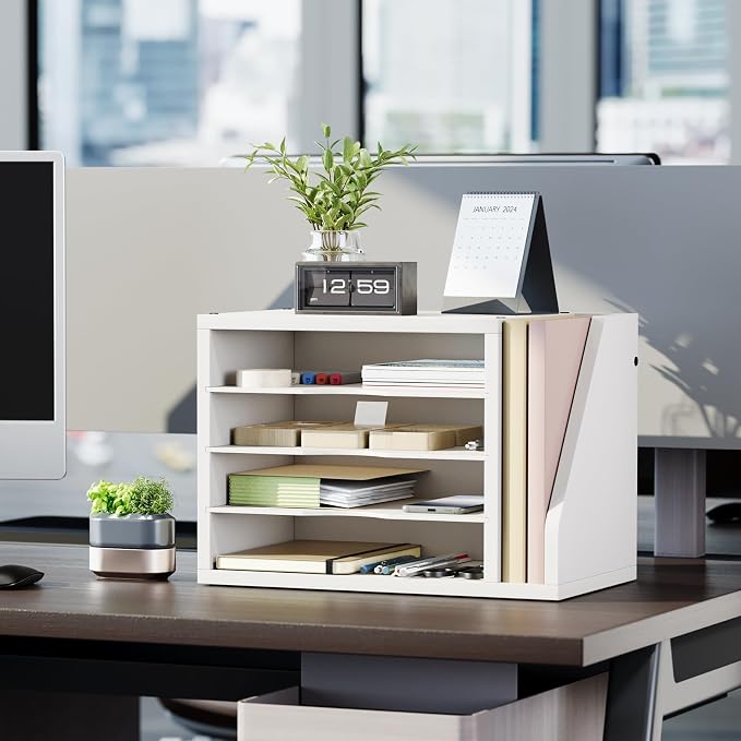 Creso hom Mail Sorter, File Organizer Desktop, Wood Desk Organizer with 3 Adjustable Shelves, Mail Holder for Office, Home, Letter Sorter File Holders for Envelopes, Mail Supplies Magazines, White