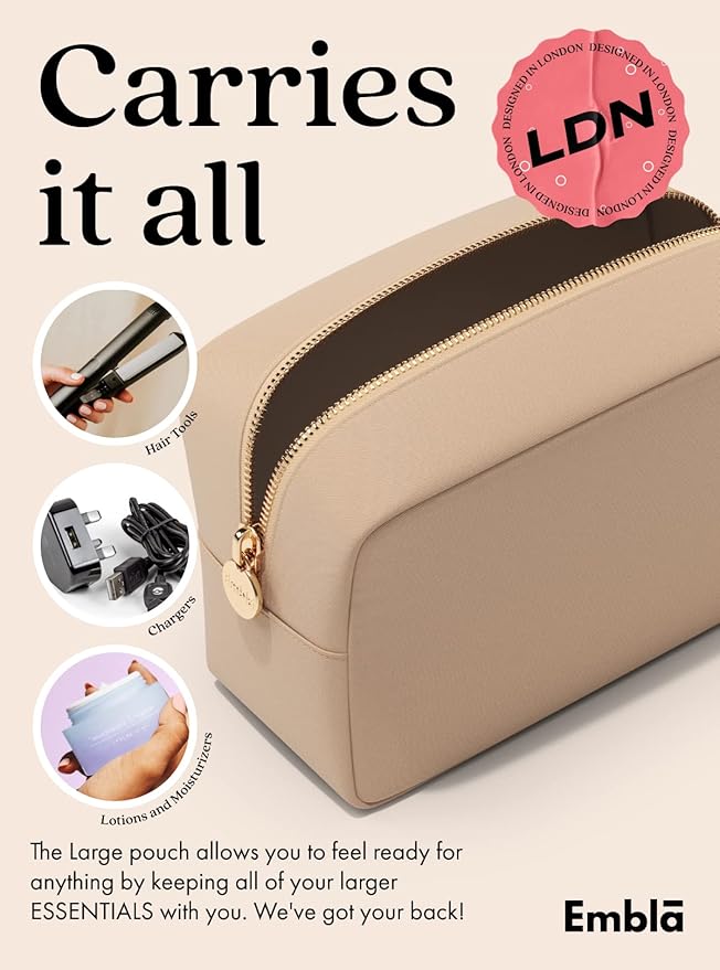 Embla Large Makeup Bag and Waterproof Nylon Travel Toiletry Bag, Large Capacity Cosmetic Zipper Pouch, Beige