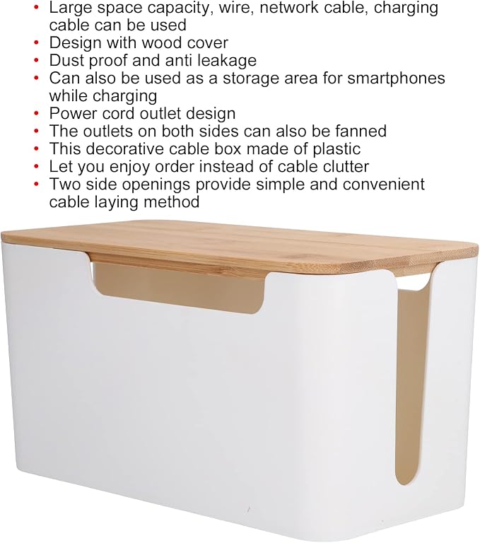 Cable Management Box Small Cord Hider Box with Wooden Lid for Tv Wires Routers Computers Cables Home and Office