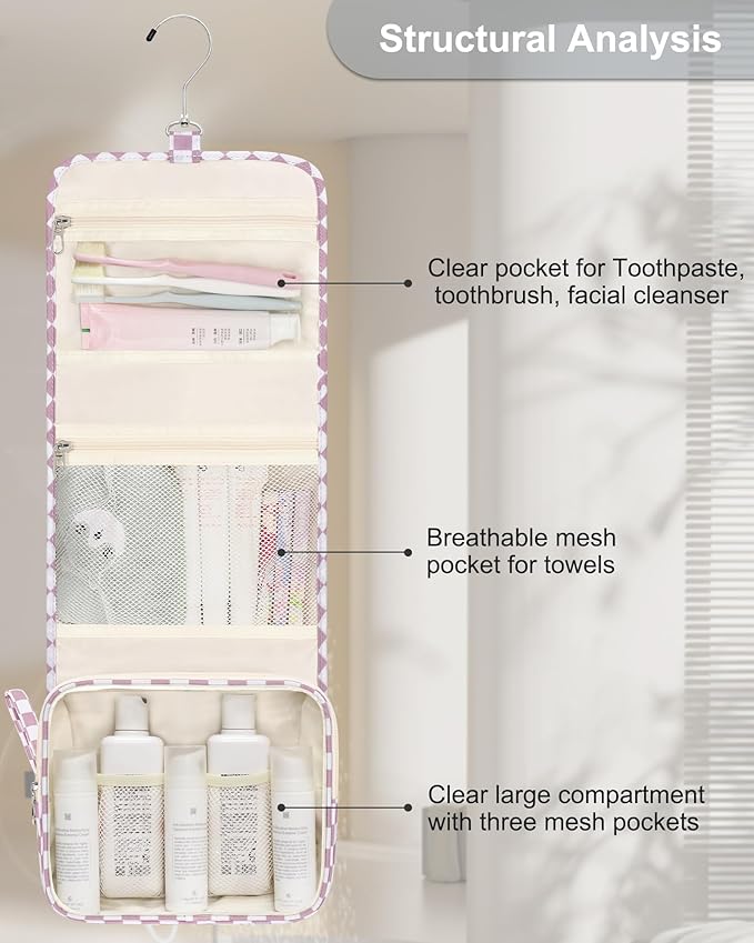 Small Hanging Toiletry Bag for Men and Women, Portable Hanging Organizer for Travel-Sized Dopp Kit, Makeup Accessories, Waterproof Toiletries Organizer with 3 Compartments for Outdoor - Plaid Purple