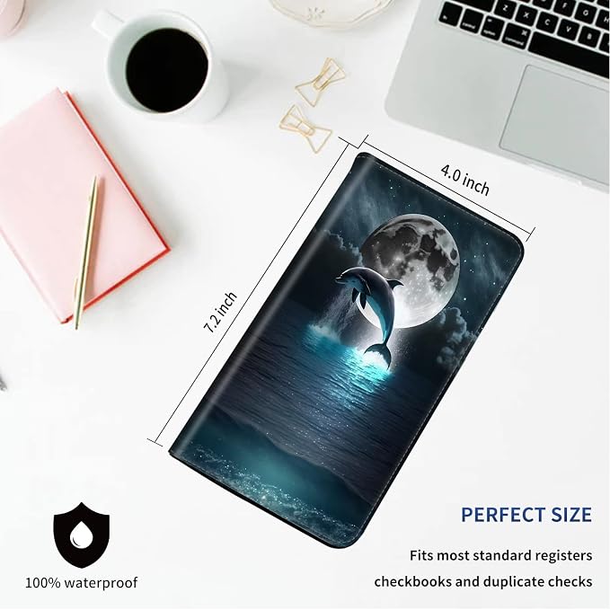 DEGDFSGR Checkbook Cover - Premium Leather Standard Duplicate Register Check Card Book Holder Wallet with RFID Blocking Function for Girl Men Women,Dolphin Moon Night