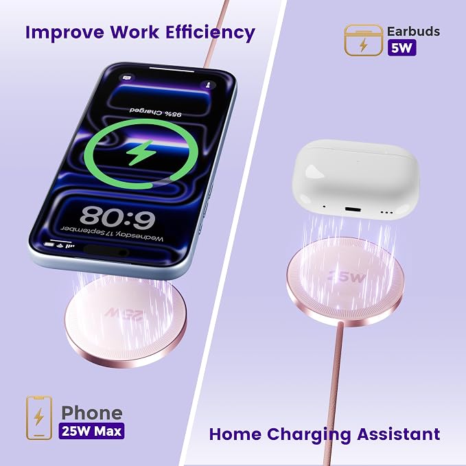 25W Magnetic Wireless Charger: Fast Charging Pad for iPhone 17 16 15 14 13 12 Pro Max, Samsung Galaxy S26 S25, Google Pixel 10, AirPods-Slim Portable for Travel Bedside Office-Pink 2 Pack