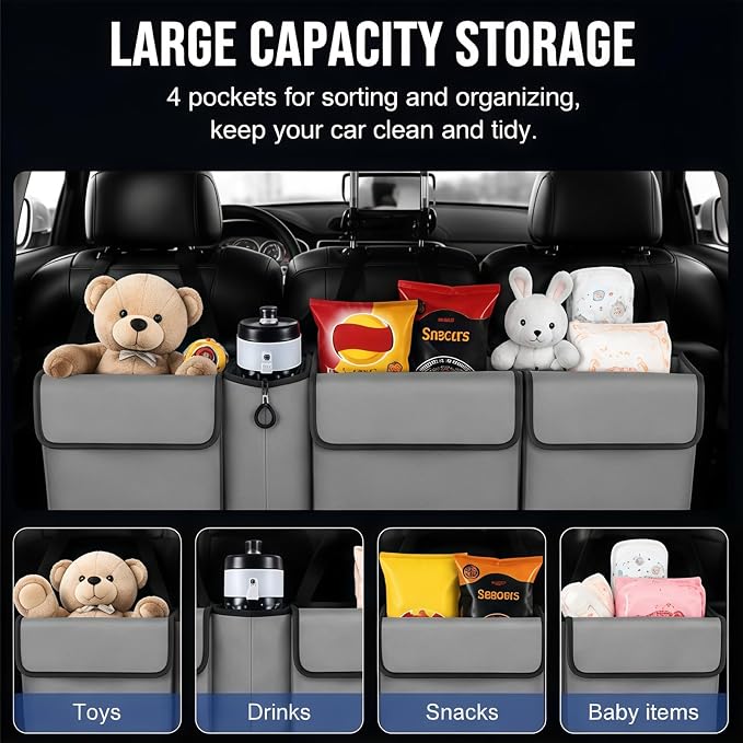 Car Trunk Organizer – Backseat Hanging Large Storage Bag with Adjustable Straps, Waterproof Collapsible Cargo Organizer with 4 Pockets, Space-Saving Trunk Storage for SUV Truck MPV (Grey)