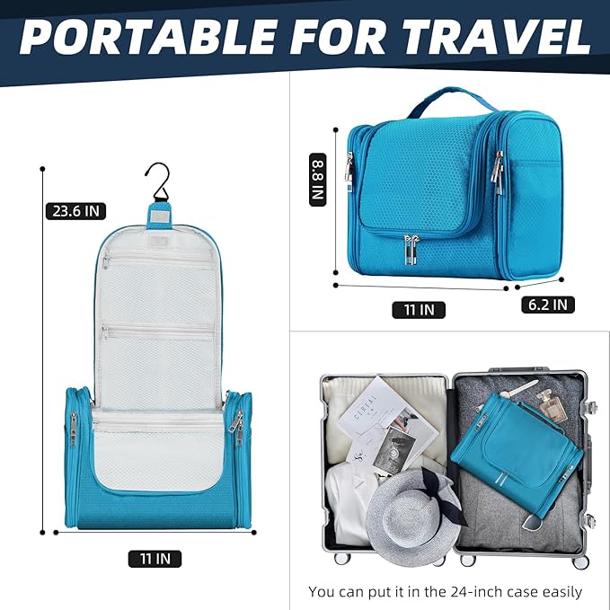 Buruis Hanging Toiletry Bag for Women and Men, Large Water-Resistant Makeup Organizer with Sturdy Hook, Lightweight Nylon Dopp Kit for Full-Sized Toiletries & Cosmetics, Light Blue
