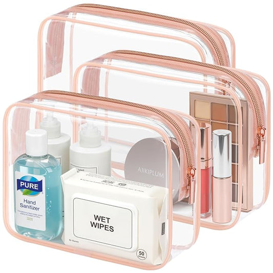 PACKISM TSA Approved Toiletry Bag - Clear Makeup Bag 3 Pack Medium, Metal Smooth Zipper Quart Size Bag for 3-1-1 Liquids, Travel Makeup Bag for Women Men, Airport Airline Compliant Bag, Rose Pink