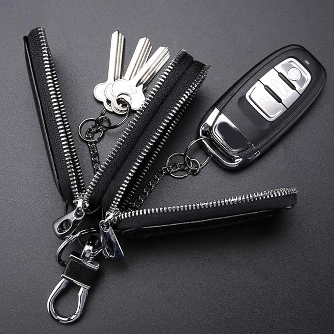 Car Key Chain Bag Double Zipper Leather Protection Key Coin Holder Keyring with Transparent Window
