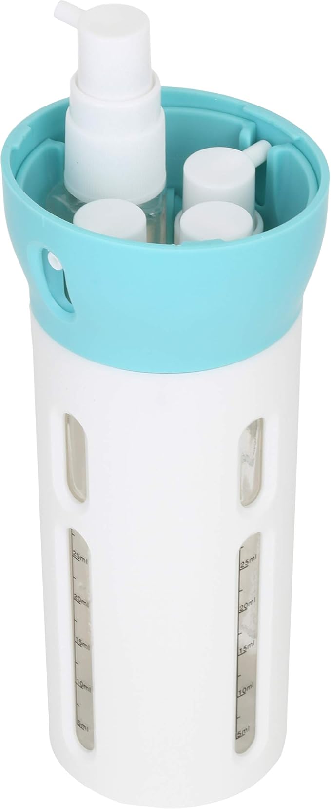 Travigo 4-in-1 Travel Dispenser Bottle, TSA Approved, Leak Proof, Four Reusable 1.4 oz. (40 mL) Toiletry Containers for Shampoo, Conditioner, Soap, Lotion, Skincare (Blue)
