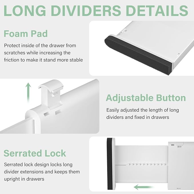Adjustable Drawer Dividers With Inserts, 4'' High Expandable Drawer Organizers for Clothes, 5 Pack 12.6-22.8'' Long Dividers with 3.9-7.1'' Inserts, Drawer Separators for Socks/Tools