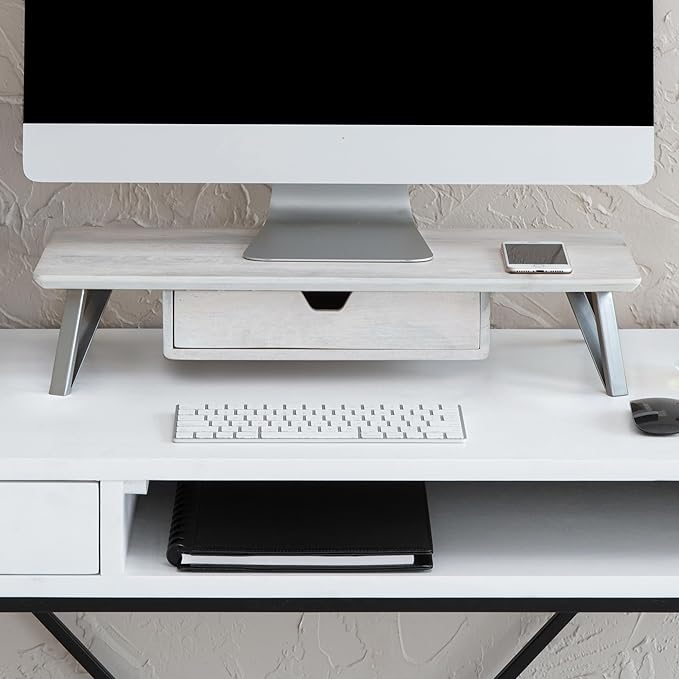 Anji Mountain Monitor Stand - Desktop Organizer & Laptop Riser, Ergonomic Monitor Riser, Space-Saving Monitor Stand for Desk, Durable Construction, Easy Assembly, Ideal for Home & Office,White Wash