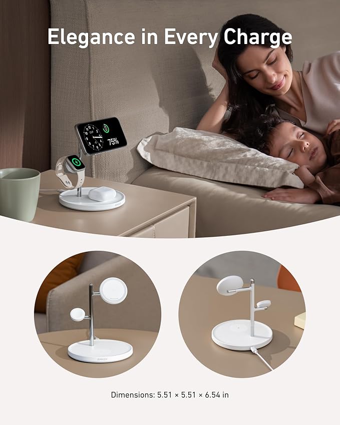 Anker MagSafe Charger Stand Compatible, iPhone 17 MagGo 3 in 1 Wireless Charging Station,Qi2 Certified 15W Wireless Charger, Desk Accessory, for iPhone 15/14/13/12 Series Apple Watch, AirPods