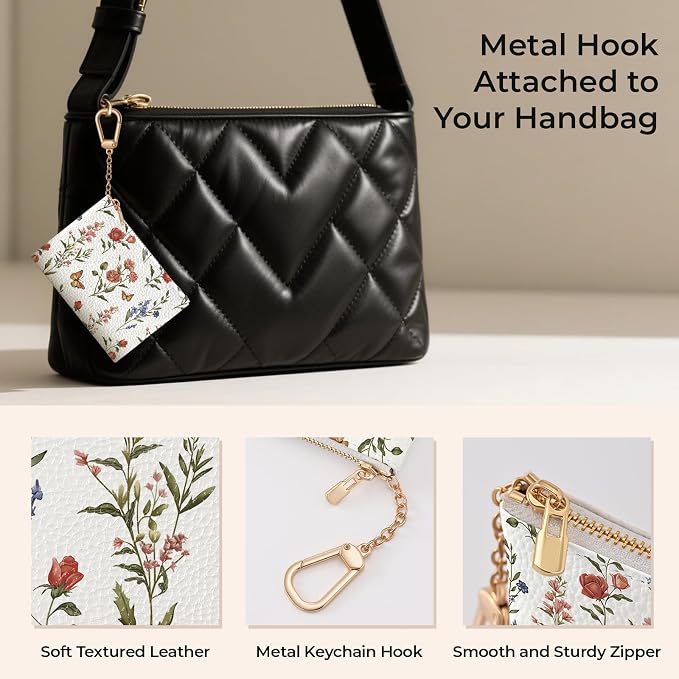 Colorful Flower with Butterfly Keychain Coin Purse for Women, Small PU Leather Change Pouch, Zipper Little Tiny Travel Wallet for Girls, Cute Kawaii Zip Pocket Coin Holder with Key Ring