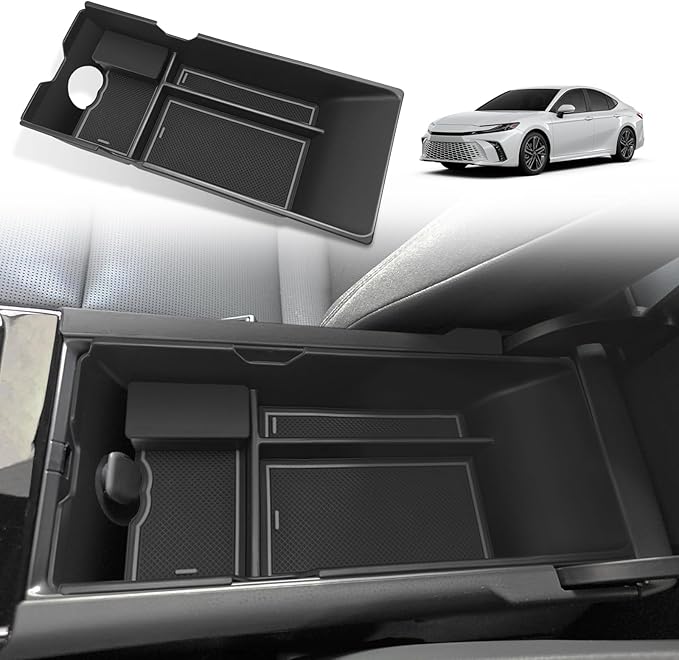 Muslogy Center Console Organizer Compatible with 2025 2026 Toyota Camry LE SE XLE XSE Accessories Middle Storage Box with Removable Coin Holder Insert Tray Interior Secondary Accessories (Grey)