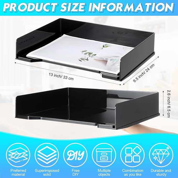 DoubleFill 4 Pcs Stackable Letter Tray Rectangular Plastic Desk Organizer 13 x 9.5 x 2.6 in Paper Holder File Tray Accessories Rack for Desktop Office Desk Drawers (Black)