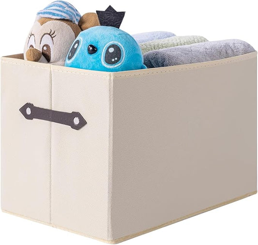 1 Pack Large Collapsible Storage Baskets for Shelves,14.9"x9.5" Fabric Closet storage Boxes with Leather Handles,Decorative Organizers Storage Bins for Clothes,Sheets,Toys,Books,Creamy-White