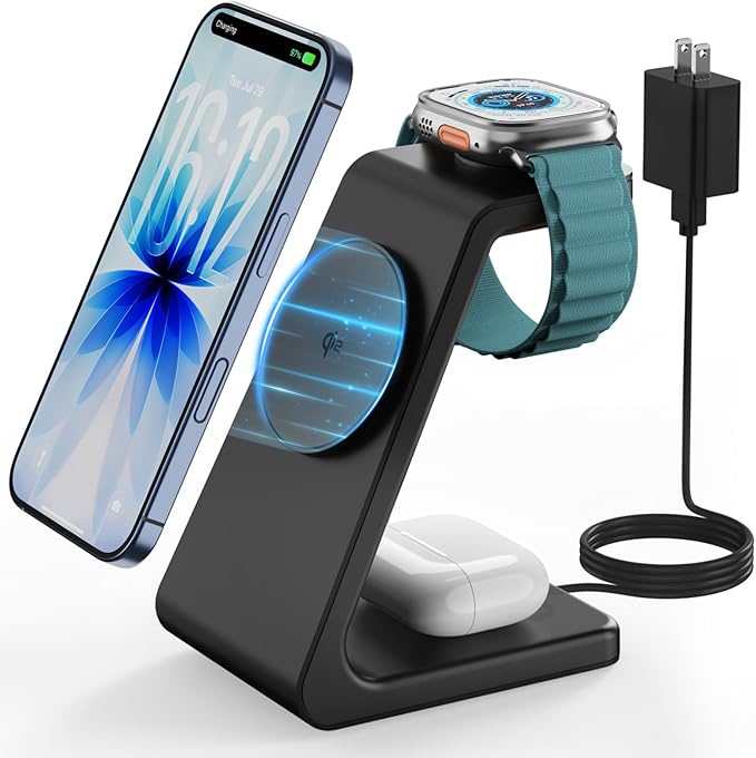 Magsafe Wireless Charging Station for iPhone: 3 in 1 15W Magnetic Portable Desktop Charging Station Qi2 Certified Charger Stand for iPhone17/16/15/14/13/12 Series, Apple Watch, AirPods 4/3/2/Pro