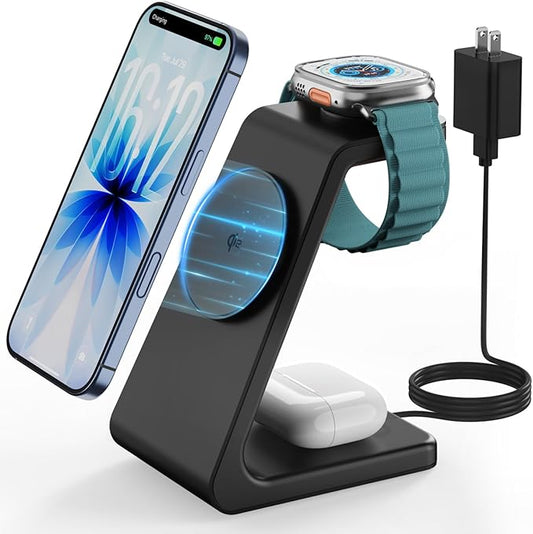 Magsafe Wireless Charging Station for iPhone: 3 in 1 15W Magnetic Portable Desktop Charging Station Qi2 Certified Charger Stand for iPhone17/16/15/14/13/12 Series, Apple Watch, AirPods 4/3/2/Pro