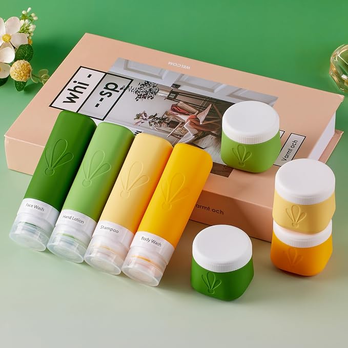 INSFIT travel bottles for toiletries 8 Pack, Leak proof Travel Size Toiletries Containers with toiletry bag, Squeezable Silicone Bottles & Cream Jars, Travel Essentials BPA-Free kit for Shampoo