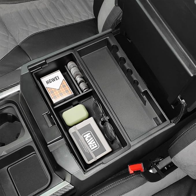 HGWEI Center Console Organizer Tray Compatible with 2023 2024 2025 2026 Ford F250 F350 F450 Super Duty Interior Accessories, Middle Armrest Storage Box Insert Compartent Divider, Black