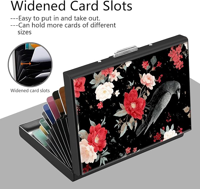 Credit Card Holder Crow Flower Design Mini RFID Blocking Aluminum Wallet Slim Metal Hard Cover Shell Travel Wallet ID Cases Small Credit Cards Case Business Cards for Women Men Girls
