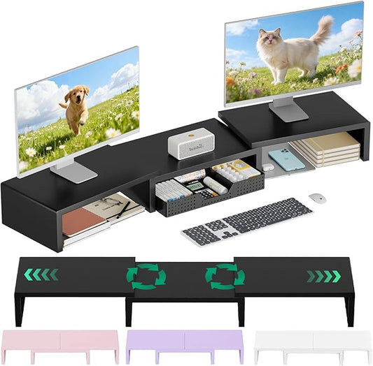 OPNICE Dual Computer Monitor Stand Riser, Desk Organizer with Drawer, Office Desk Accessories & Workspace Organizers for Home Office Supplies, Black