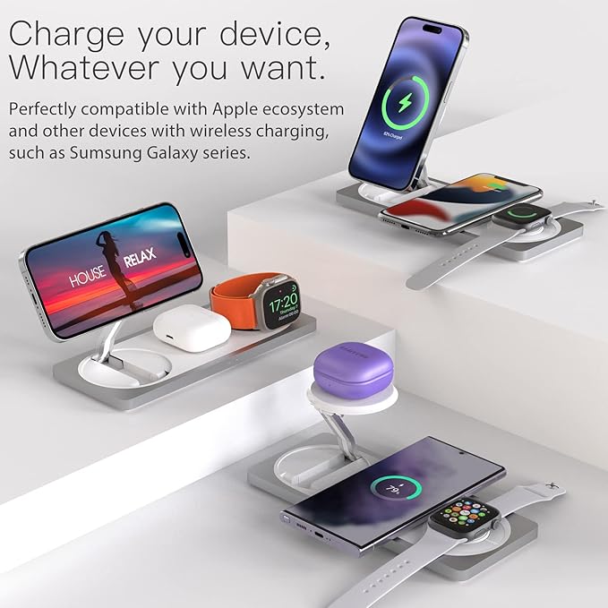 3-in-1 Charging Station for Apple Devices: Used for iPhone and Watch Charging Station with Magsafe Charger Stand, Wireless Charger for iPhone 17 Air 16 15 14 13 Series, Apple Watch Ultra, AirPods Pro