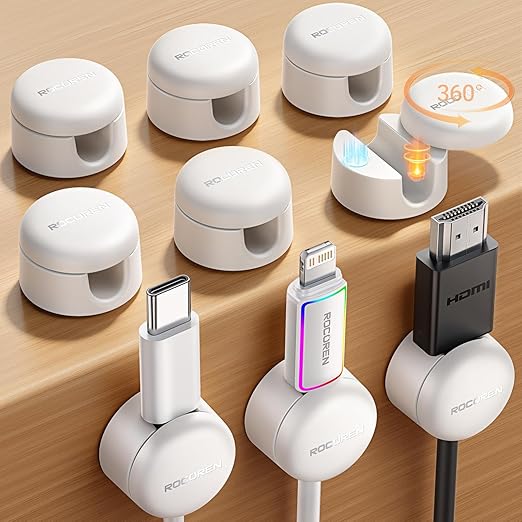 9-Pack Cable Clips [Upgraded], Rocoren Magnetic 360° Rotatable Cord Holder, Adhesive Cable Management Organizer, Wire Keeper for Nightstand Desk Car Home Office Accessories White