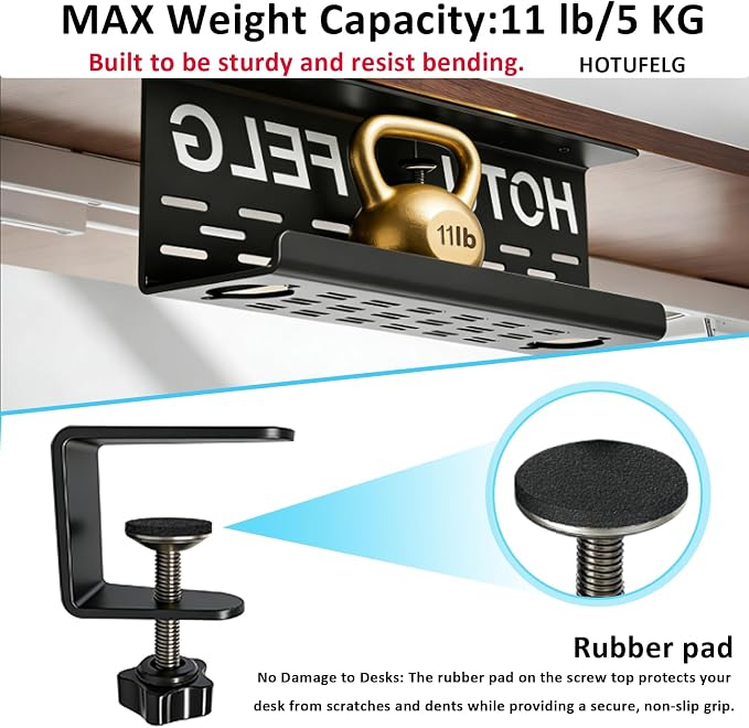 Under Desk Cable Management Tray with Dual Installation – Clamp or Screw Mount Cord Organizer, Heavy-Duty Steel Computer Desktop Power Wire Hider Table Storage Basket for Home Office & Gaming Desks