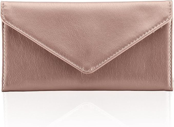 Envelope Wallets for Women Leather Credit Card Holder with RFID Blocking,2 ID Window, Zip Coin Pocket, Rose Gold