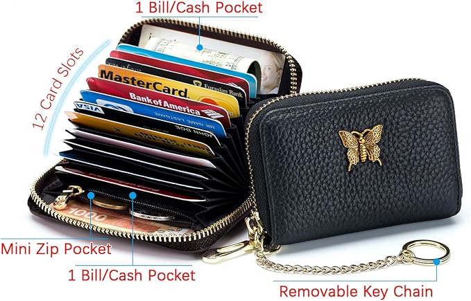 imeetu RFID Credit Card Holder for Women Genuine Leather Card Case Wallet with Zipper and Removable Keychain (Purple Coffee)