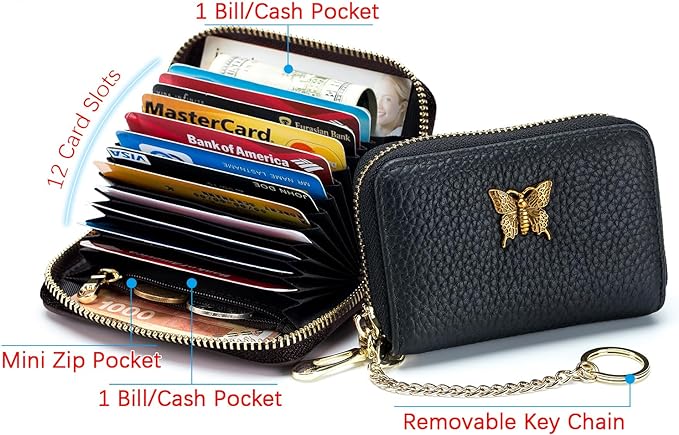 imeetu RFID Credit Card Holder for Women Genuine Leather Card Case Wallet with Zipper and Removable Keychain (Orange)