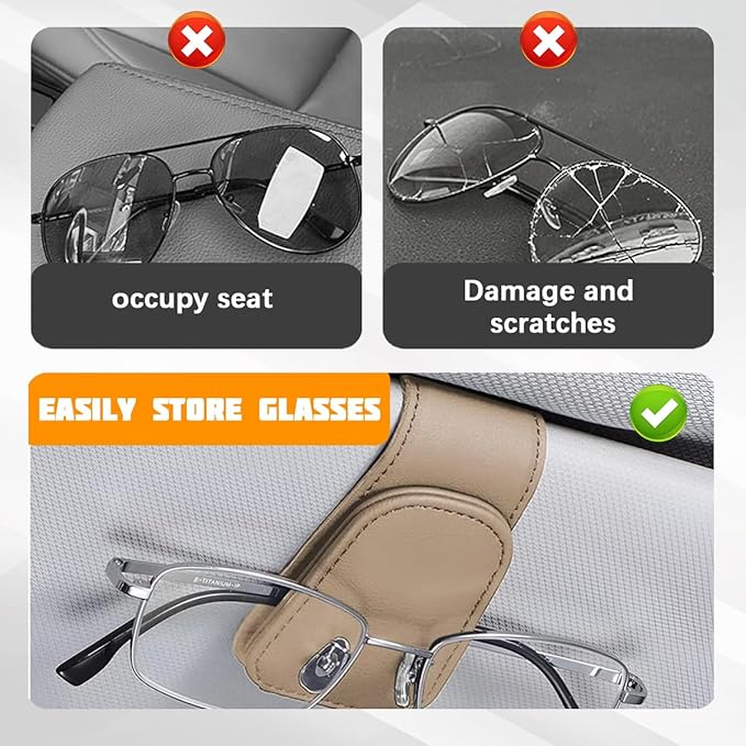 Sunglasses Holder for Car Visor, Microfiber Leather Magnetic Sun Visor Eyeglasses Hanger & Ticket Card Clip, Multi-Function Automotive Interior Glasses Mount, Universal Fit (Beige)