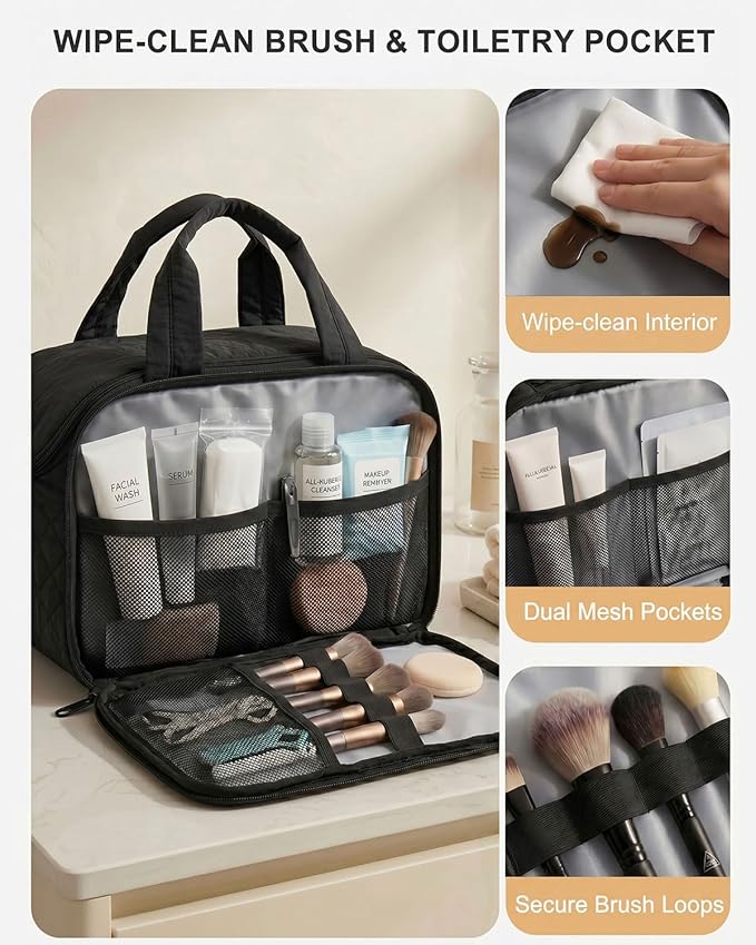 Lightweight Structured Travel Toiletry Bag for Women - Wide-Open Puffer Mini Duffel with Removable Divider, Waterproof Lining, Water-Resistant Exterior, Fits Full-Size Bottles & Shower Essentials