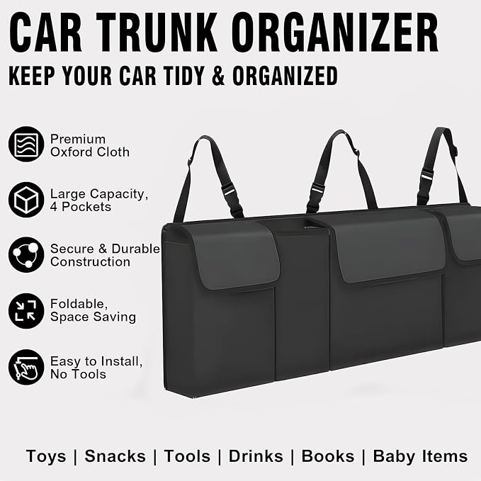 Car Trunk Organizer – Backseat Hanging Large Storage Bag with Adjustable Straps, Waterproof Collapsible Cargo Organizer with 4 Pockets, Space-Saving Trunk Storage for SUV Truck MPV (Black)