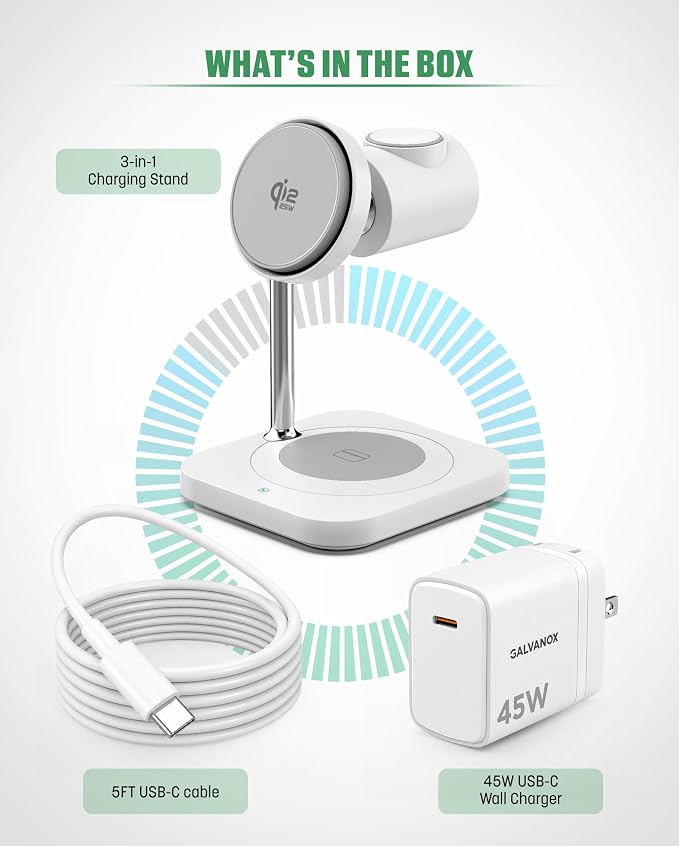 Galvanox Qi2.2 25W Magnetic Wireless Charging Stand for iPhone - 3 in 1 Charger Station (for iPhone, Apple Watch and AirPods) with Super Fast (45W) Wall Adapter (Compatible with MagSafe)