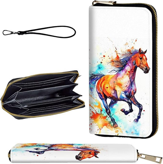 Wallet,Leather Long Wallet Suitable For Ladies And Teenagers - Detachable Wristband + RFID Travel Wallet With Card Slot - Watercolor Horse