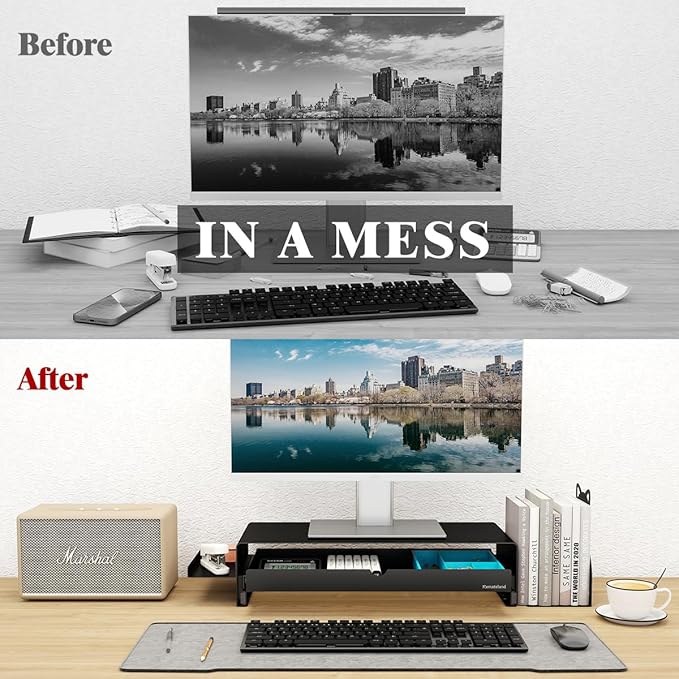 Heavy Duty Metal Monitor Stand, Strong Support Desk Organizer with Storage Shelf, Ergonomic Riser for Computer, Laptop & Printer, Space-Saving Desktop Organizer for Office Home