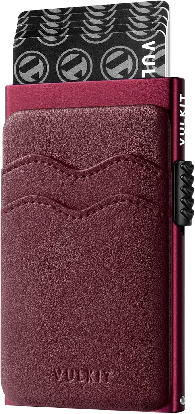 VULKIT Credit Card Holder Minimalist Slim Pop Up Wallet with Leather Slots RFID Blocking for Men and Women Holds 7 Cards and Notes Wine