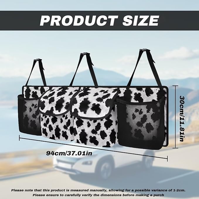 Cow Pattern Car Trunk Organizer and Storage Backseat Hanging Cargo Bag Seat Back Car Organizer Storage Bag with 4 Pockets 3 Adjustable Straps