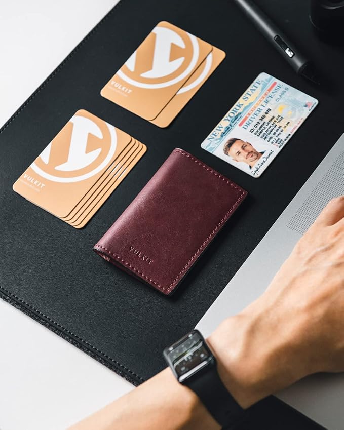 VULKIT Leather Business Card Holder 2 Sided Slim Business Name Card Organizer for Men or Women, Up to hold 20 cards (Vintage Wine)
