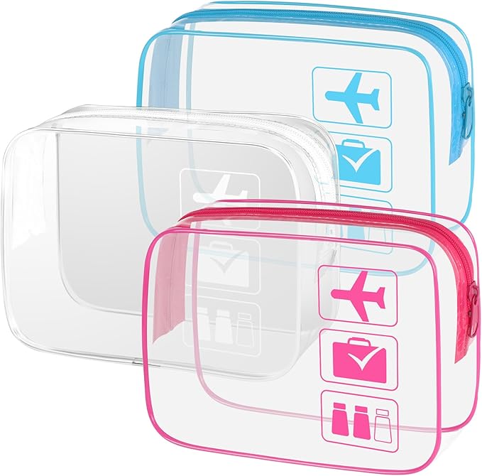 Sogiv 3Pcs TSA Approved Clear Travel Toiletry Bag, Unisex, White+Blue+Pink, 8.3 x 6.3 x 2.4 inches, Waterproof, Easy to Clean, Cosmetic Case, Travel Organizer