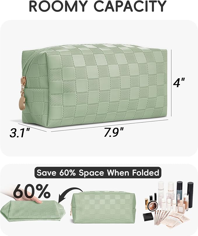 Checkered Makeup Bag for Purse - Cute PU Leather Travel Cosmetic Pouch for Women, Portable Flat Toiletry Organizer with Gold Zipper(green)