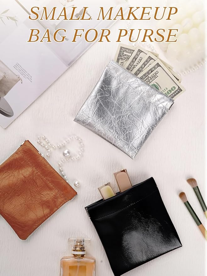 Pocket Cosmetic Bag Squeeze Top, 3 Pcs Small Makeup Bag for Purse 4.5in Pouches for Purse Organization Cosmetic Purse Organizer Small Leather Makeup Lipstick Purse Pouches(Mist)