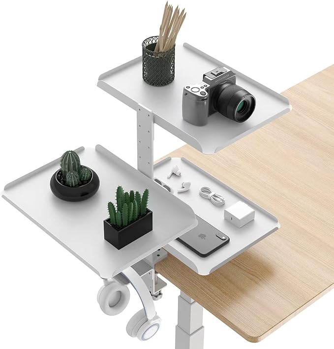 3 Tier Clamp on Desk Shelf, Over Or Under Table Clamp with Adjustable Metal Storage Tray & Headphone Stand Gaming Desk Accessories No Drill Installation,White