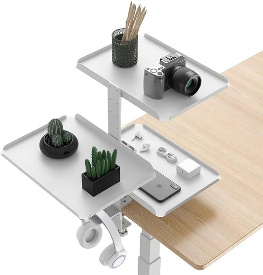 3 Tier Clamp on Desk Shelf, Over Or Under Table Clamp with Adjustable Metal Storage Tray & Headphone Stand Gaming Desk Accessories No Drill Installation,White