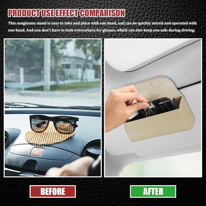 Sunglasses Holder for Car Sun Visor, Leather Auto Eyeglasses Storage Case with Hidden Magnetic Closure, Universal Protective Glasses Organizer Box, Visor Accessories for Woman Man (Beige)