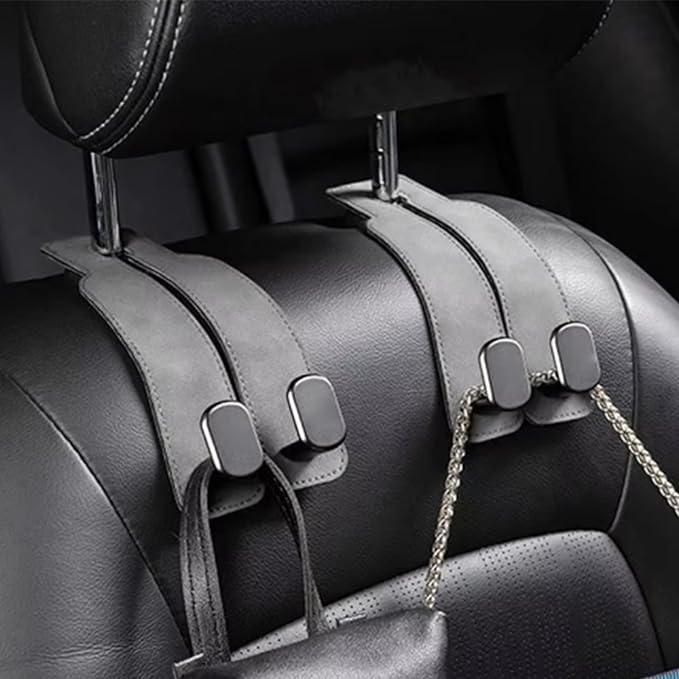 2 Pack Car Headrest Hooks - Premium Leather Seat Holder for Purses and Bags (Grey)