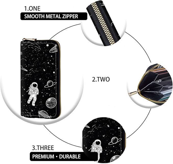 Women's RFID Blocking Zip Around Wallet with Detachable Wrist Strap, Large Capacity Credit Card Holder Organizer for Everyday Use,Astronaut Planet