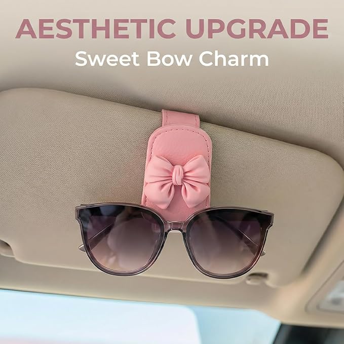 Bittwee Sunglasses Holder for Car Visor, Magnetic Cute Bow Leather Sun Visor Eyeglasses Mount & Ticket Card Clip, Magnet Automotive Interior Glasses Hanger Organizer, Universal for Vehicles (Pink)